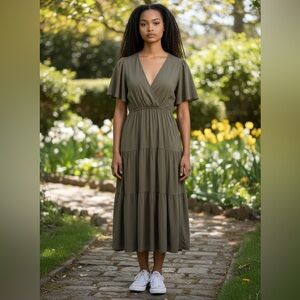 Elegant Olive Green Wrap Dress